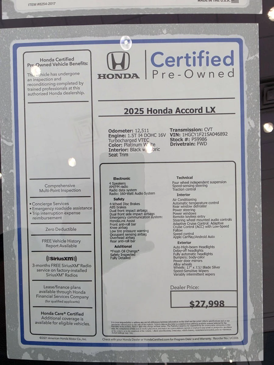 Certified Used 2025 Platinum White Pearl Honda 1.5T LX image 62