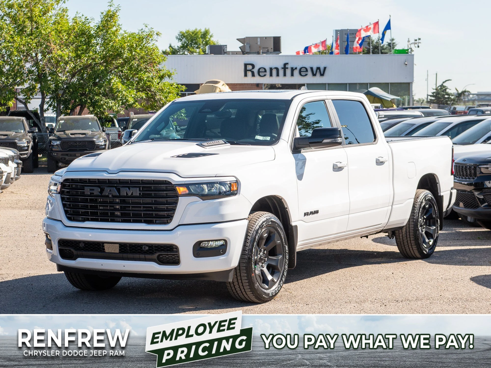 New 2026 White RAM Sport* Crew Cab 4x4, Panoramic Sunroof, Heated Seats/Wheel, Nav image 1