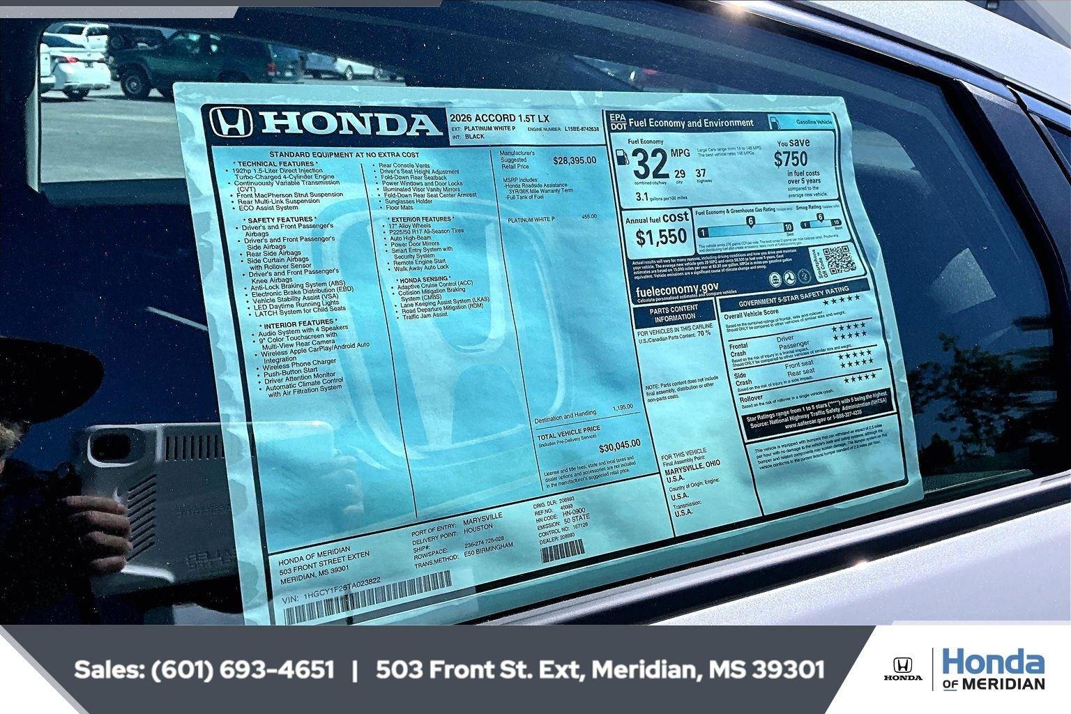 New 2026 Platinum White Pearl Honda LX image 12