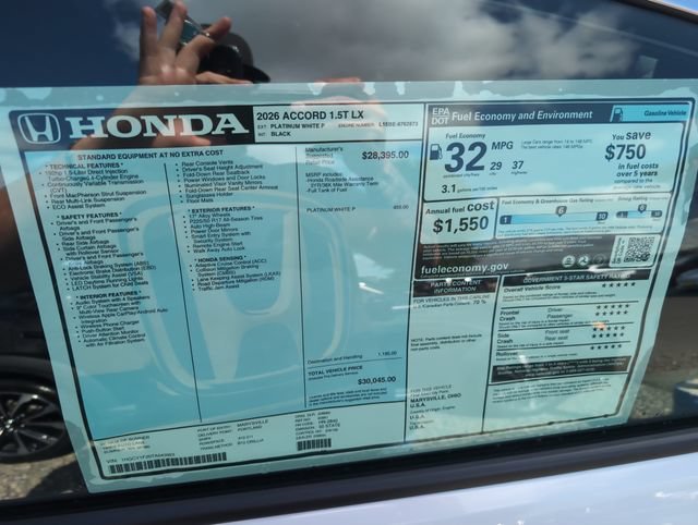 New 2026 Platinum White Pearl Honda LX image 32