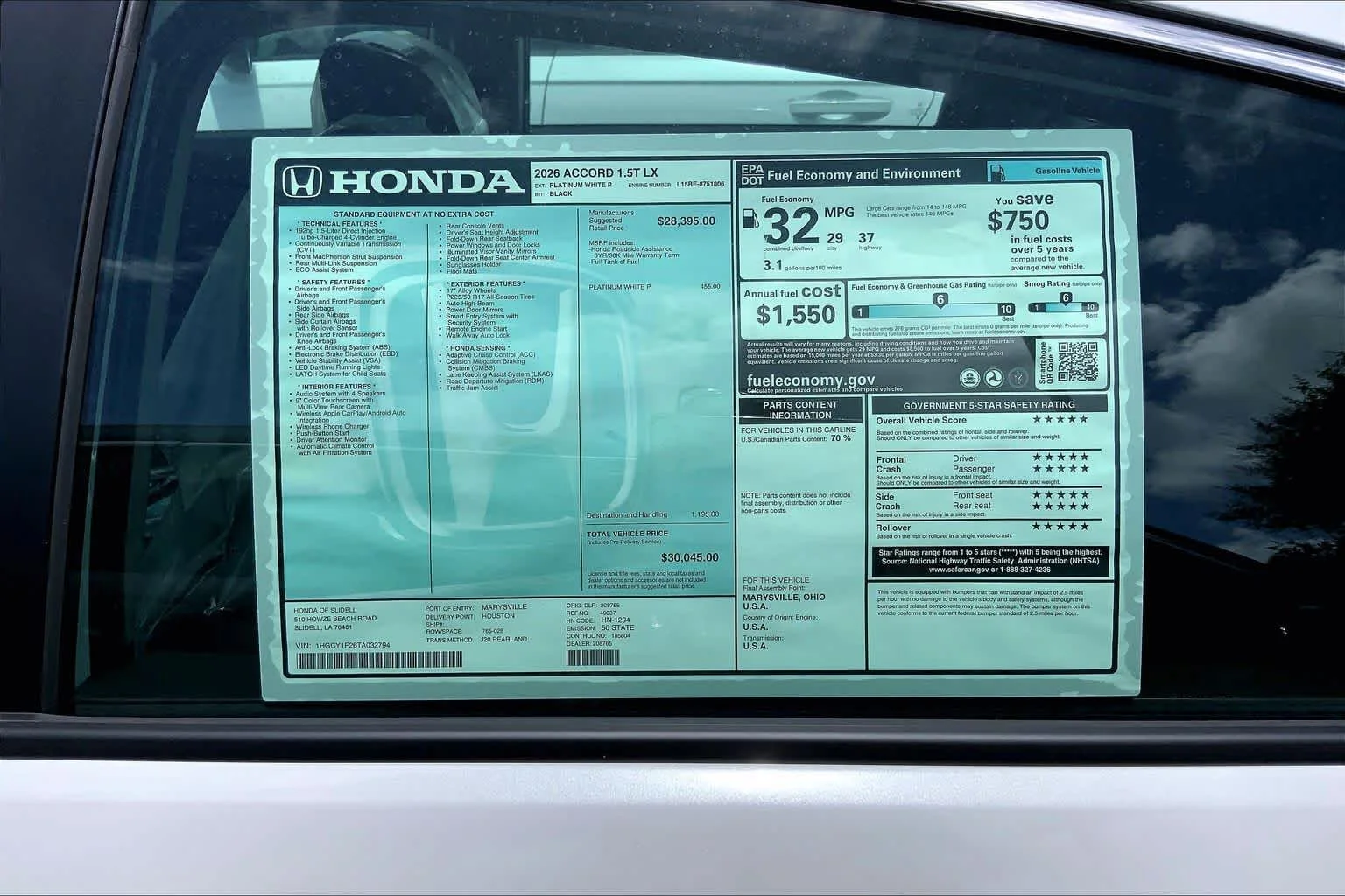 New 2026 Platinum White Pearl Honda LX image 20