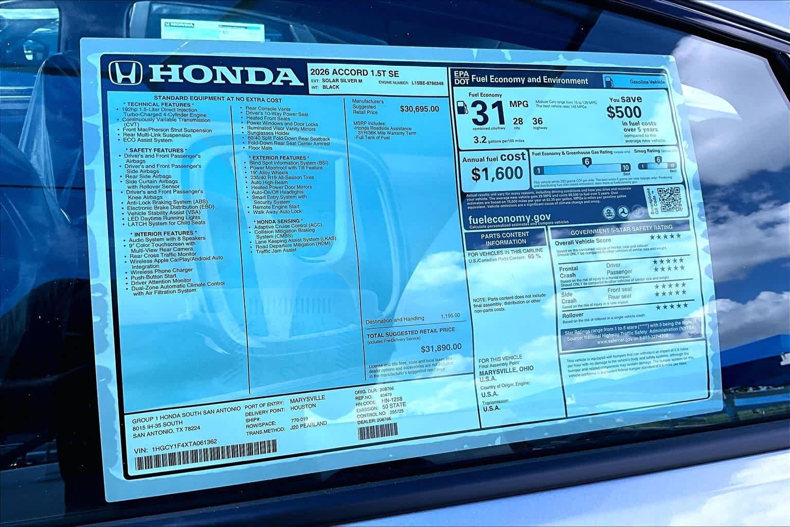 New 2026 Solar Silver Metallic Honda SE image 18