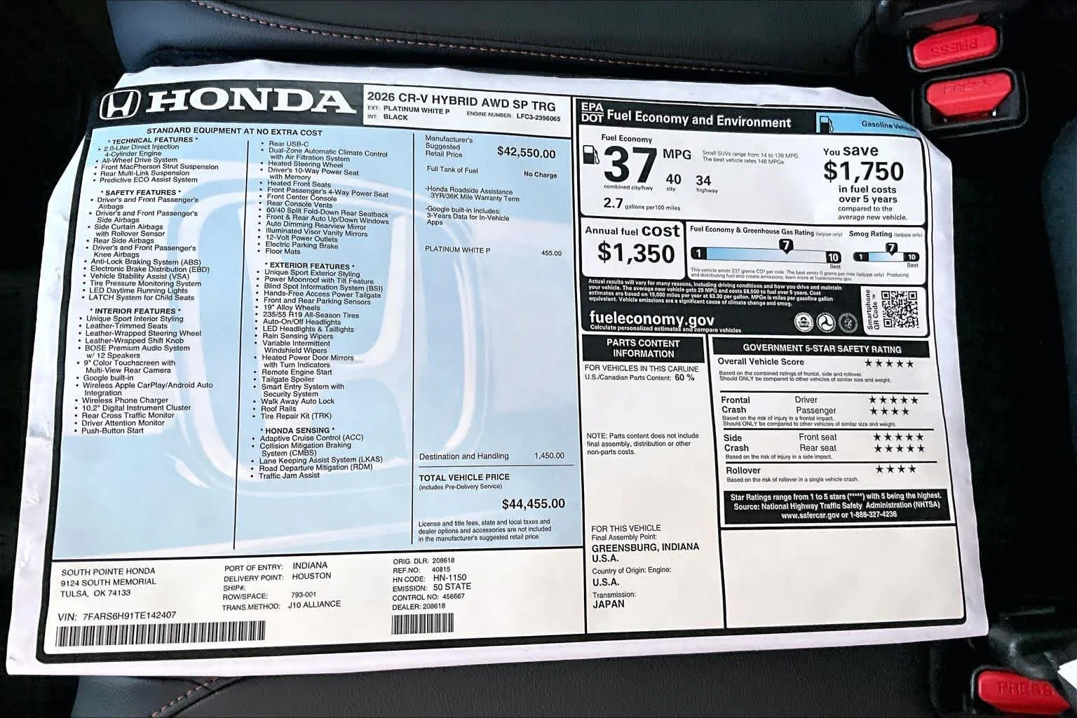 New 2026 Platinum White Pearl Honda Sport Touring image 21