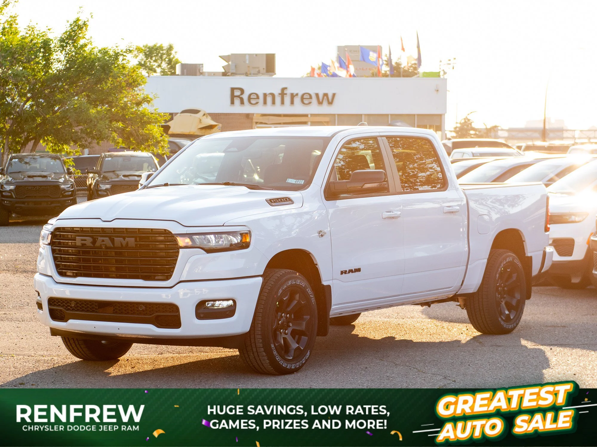New 2026 White RAM Sport* Crew Cab 4x4, HEMI V8, Heated Seats/Wheel, 3.92 Axle, Navigation image 1