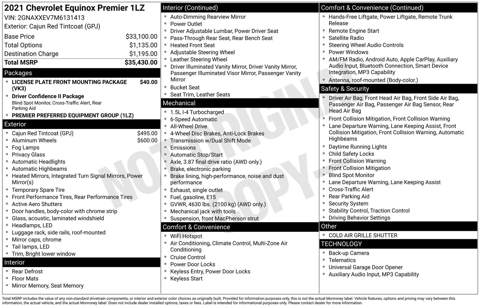 Certified 2021 Chevrolet Equinox Premier with VIN 2GNAXXEV7M6131413 for sale in Brainerd, Minnesota