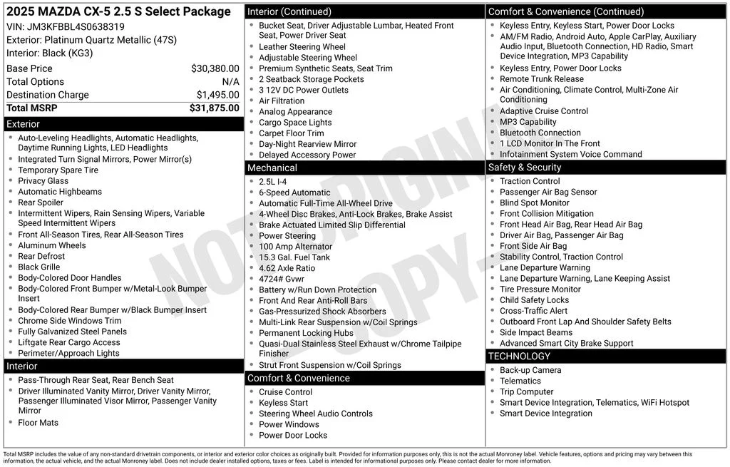 Used 2025 Mazda CX-5 S Select Package with VIN JM3KFBBL4S0638319 for sale in Elk River, Minnesota