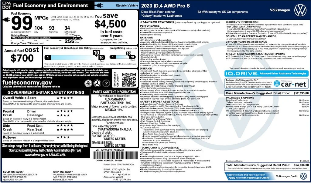 Used 2023 Volkswagen ID.4 PRO S with VIN 1V2WNPE81PC041456 for sale in Naperville, IL