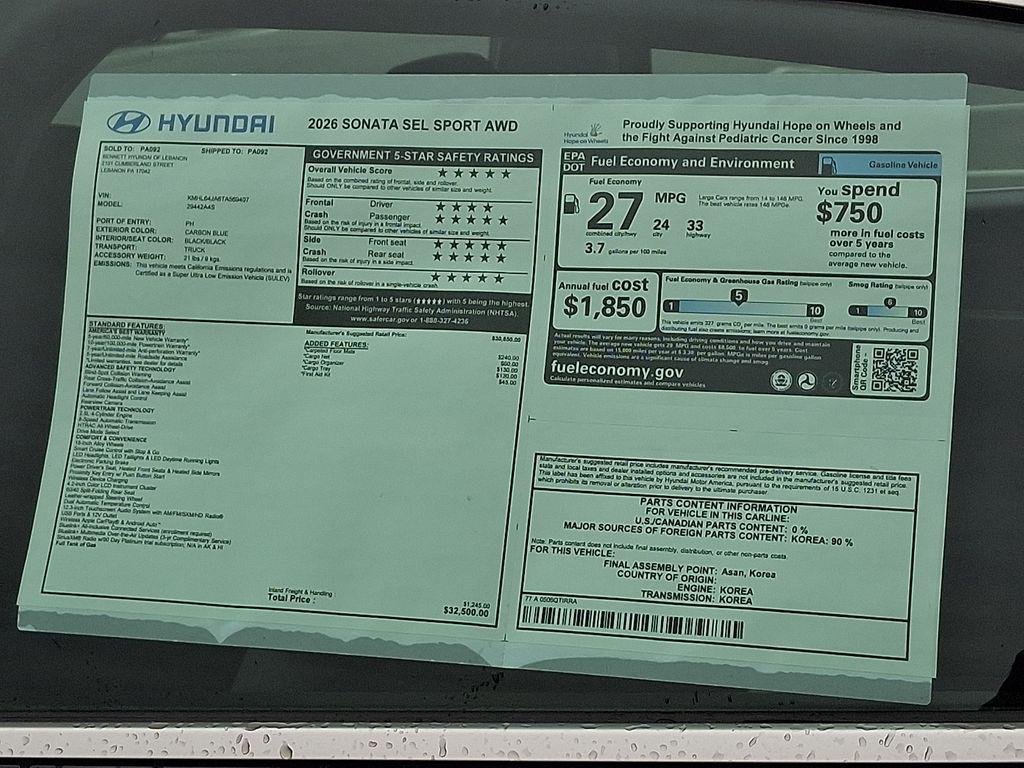 New 2026 Carbon Blue Hyundai SEL Sport image 3