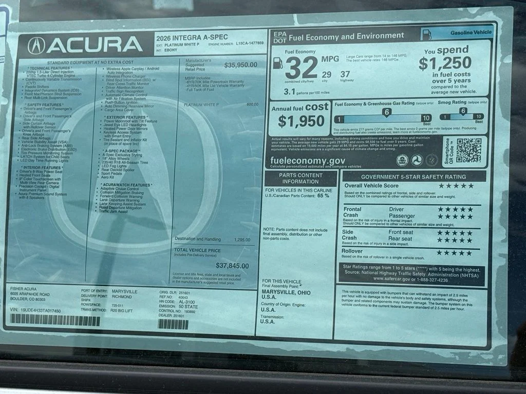 New 2026 Platinum White Pearl Acura A-Spec Package image 26