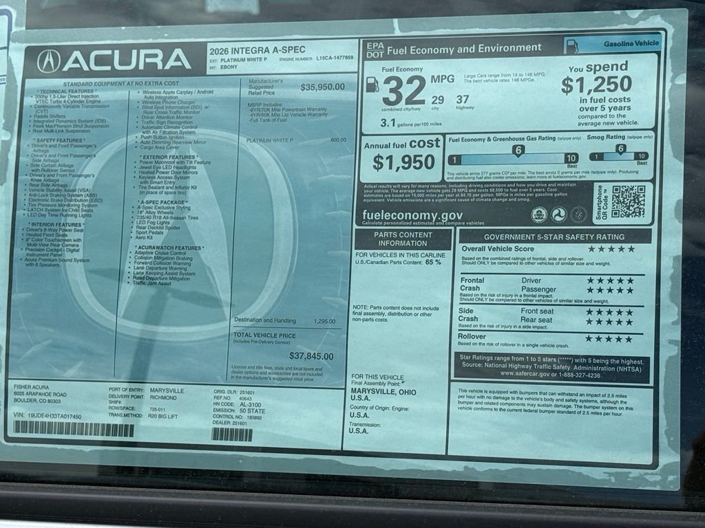 New 2026 Platinum White Pearl Acura A-Spec Package image 26