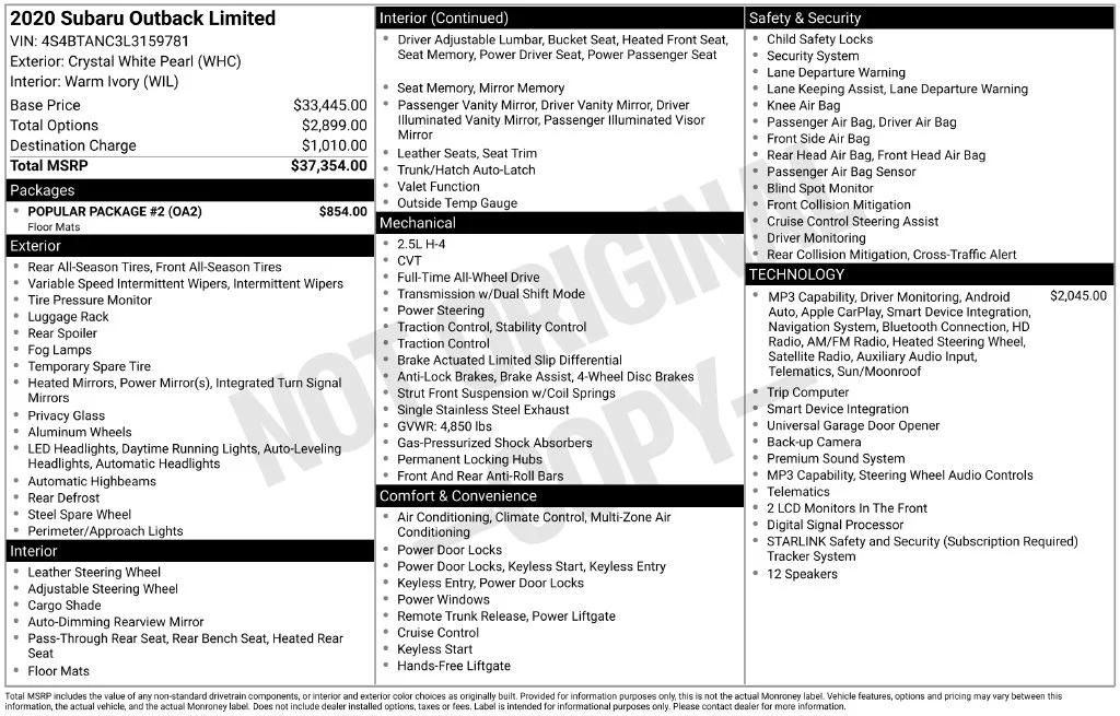 Certified Used 2020 Crystal White Pearl Subaru Limited image 7