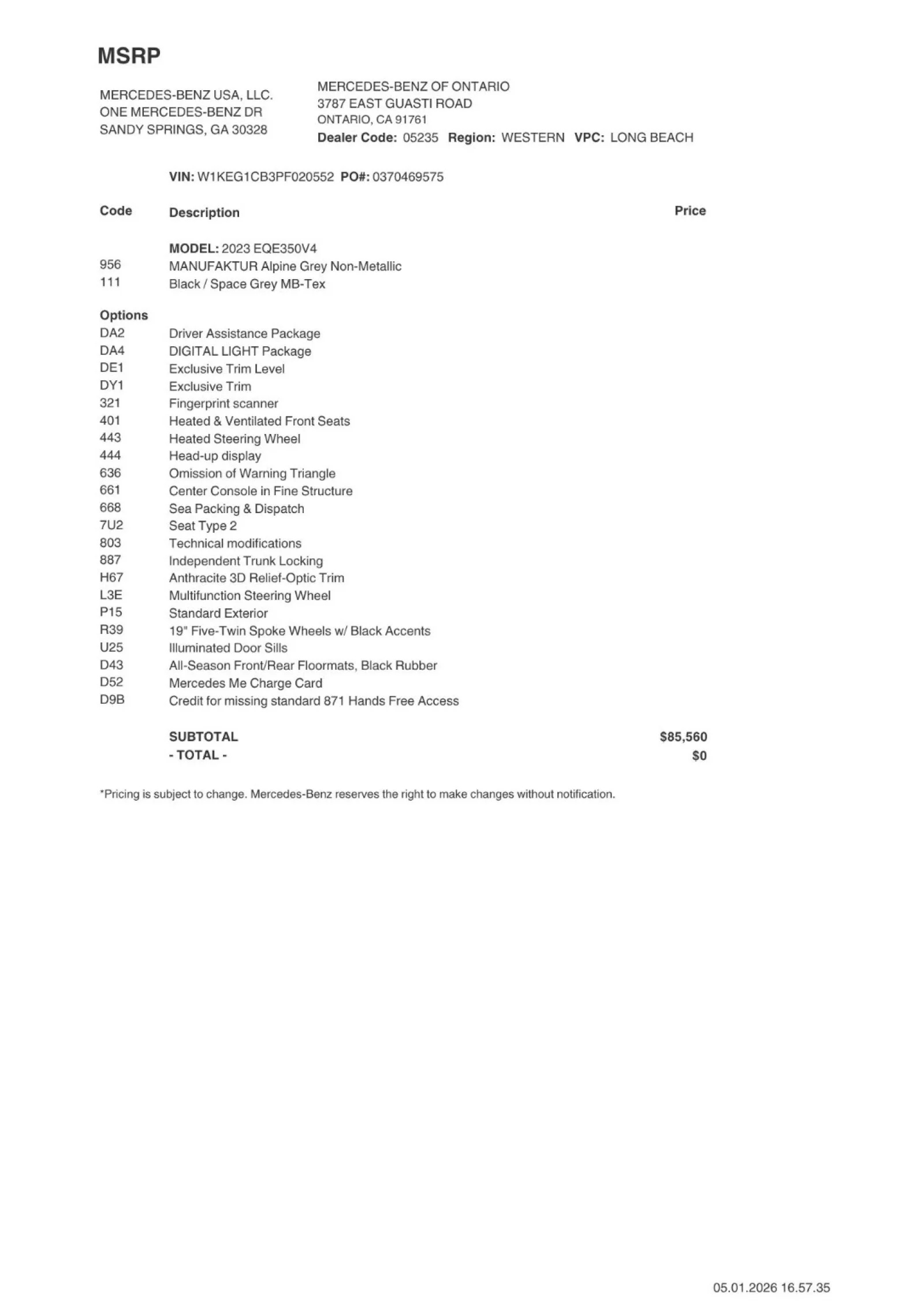 Certified 2023 Mercedes-Benz EQE Base with VIN W1KEG1CB3PF020552 for sale in Ontario, CA