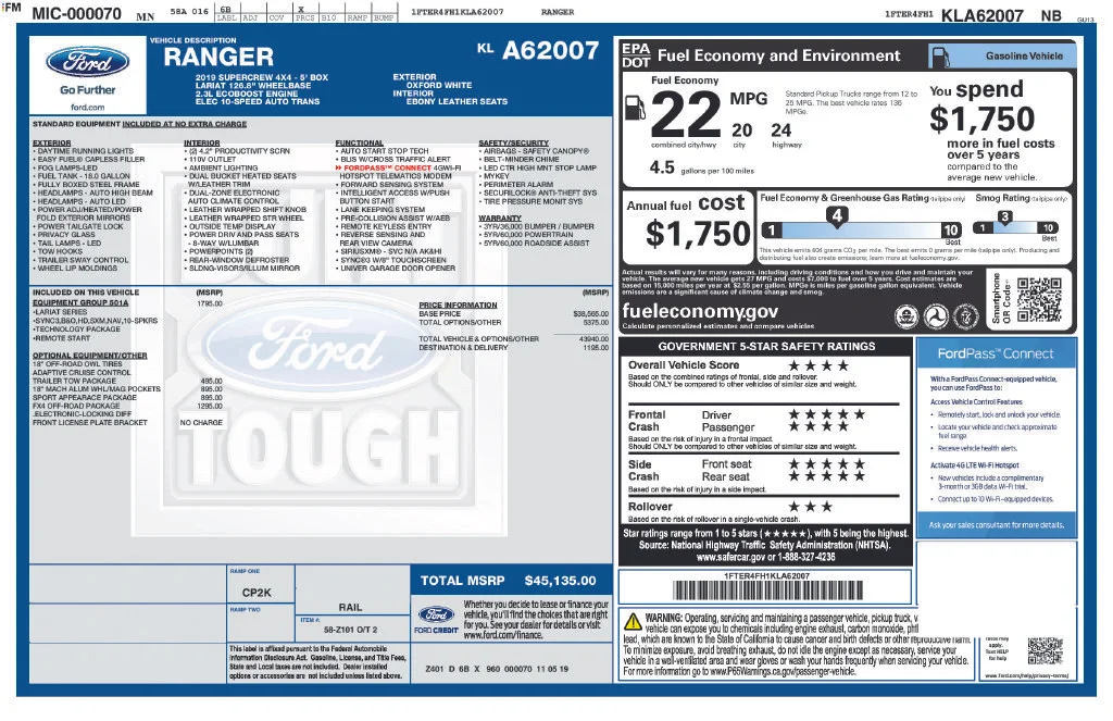 Used 2019 Ford Ranger Lariat with VIN 1FTER4FH1KLA62007 for sale in Elk River, Minnesota