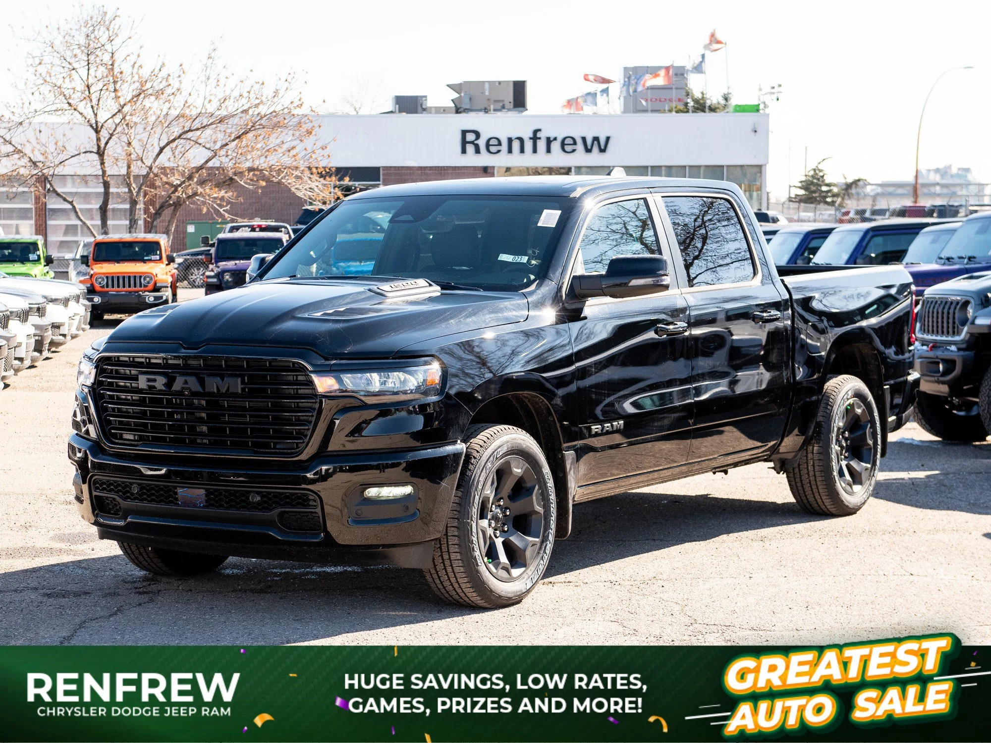 New 2026 Black RAM Sport* Crew Cab 4x4, Panoramic Sunroof, Heated Seats/Wheel, Alpine Audio image 1