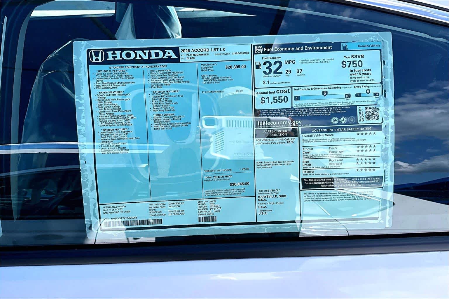 New 2026 Platinum White Pearl Honda LX image 18
