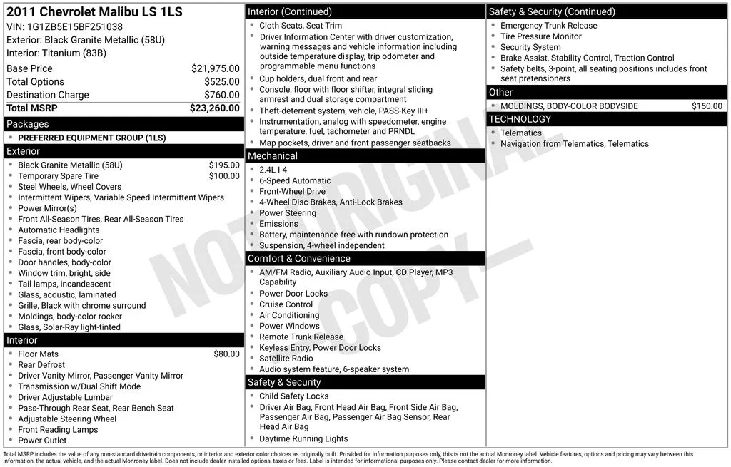Used 2011 Black Chevrolet LS image 3