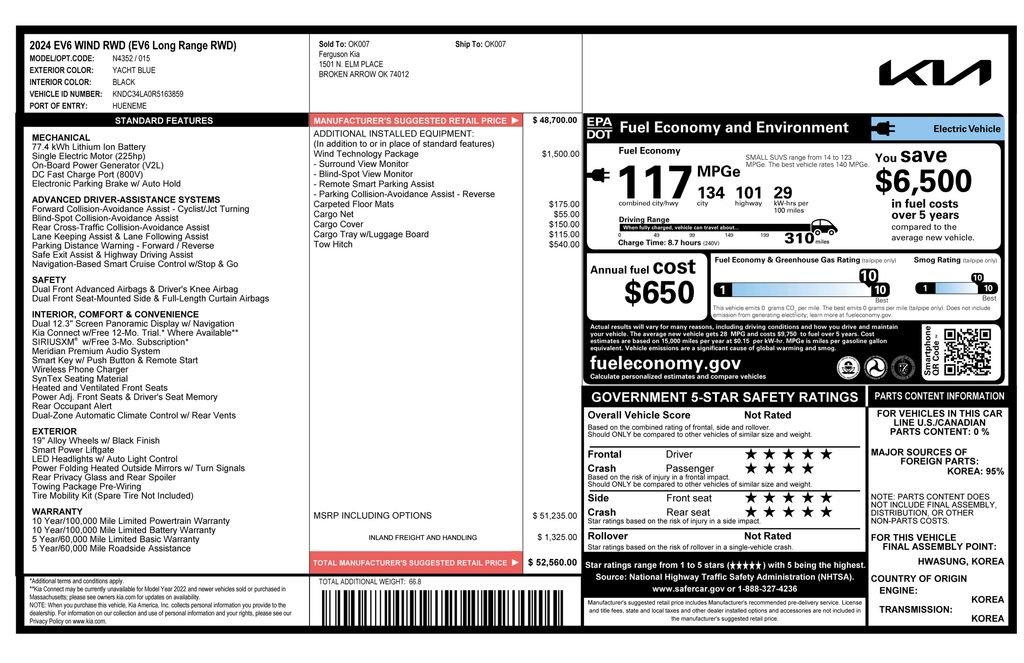 Used 2024 Kia EV6 Wind with VIN KNDC34LA0R5163859 for sale in Phoenix, AZ