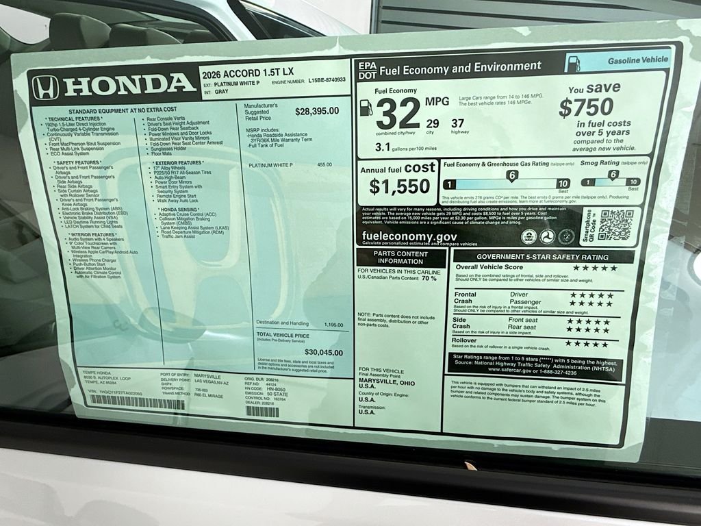 New 2026 Platinum White Pearl Honda LX image 9