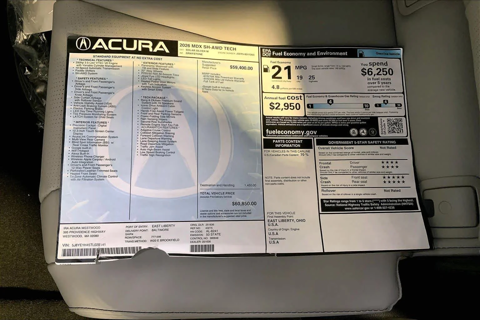 New 2026 Solar Silver Metallic Acura With Technology Package image 19