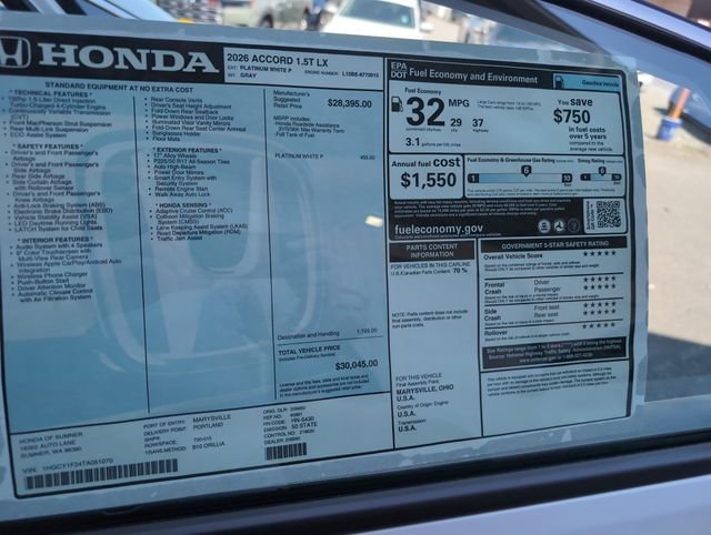 New 2026 Platinum White Pearl Honda LX image 32