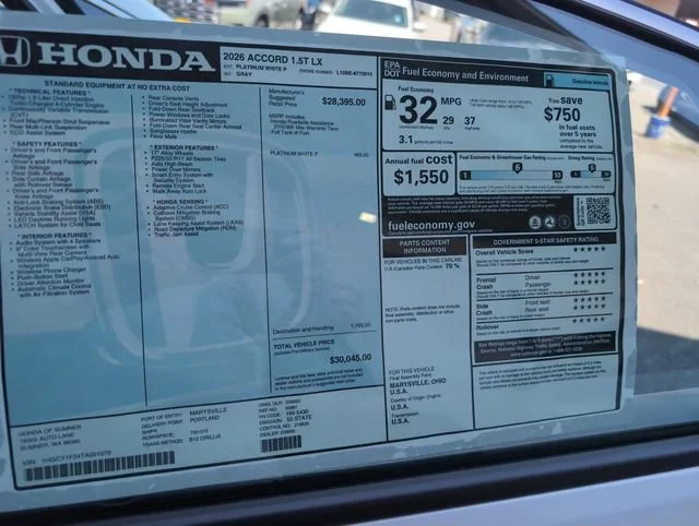New 2026 Platinum White Pearl Honda LX image 32