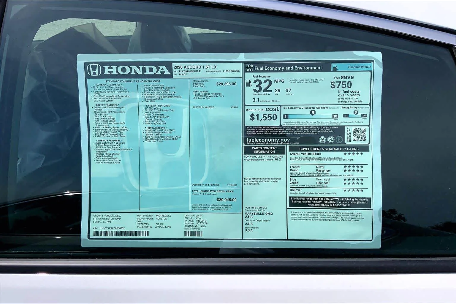 New 2026 Platinum White Pearl Honda LX image 20