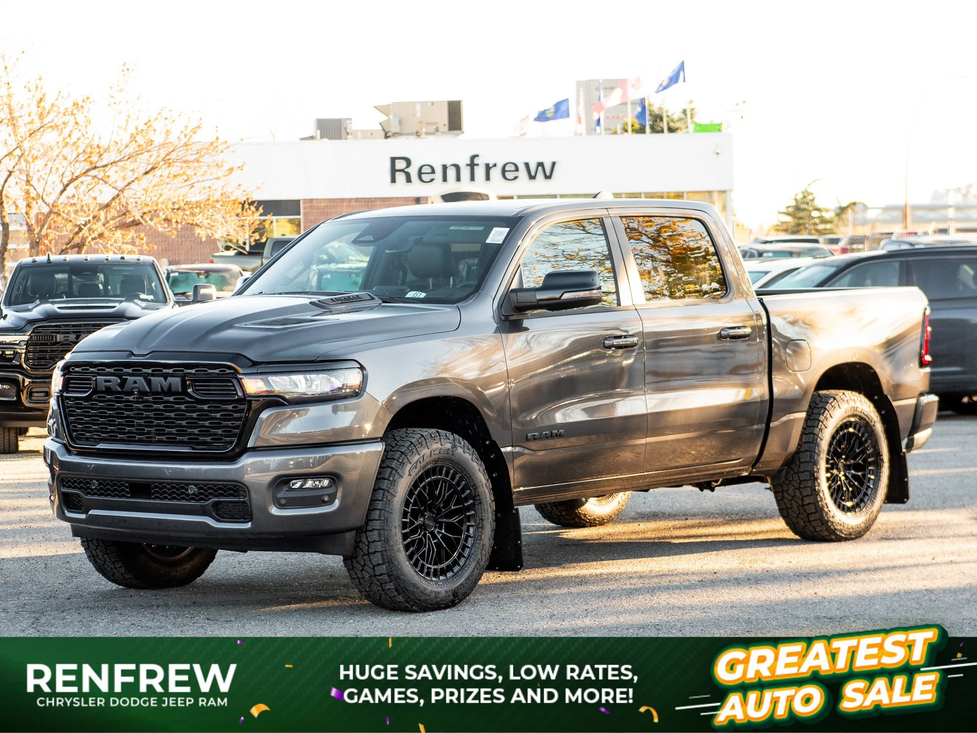 New 2026 Grey RAM Sport Night* Crew Cab 4x4, 35 Inch Tires, Mayhem Wheels, Trigger Industries MudFlaps image 1