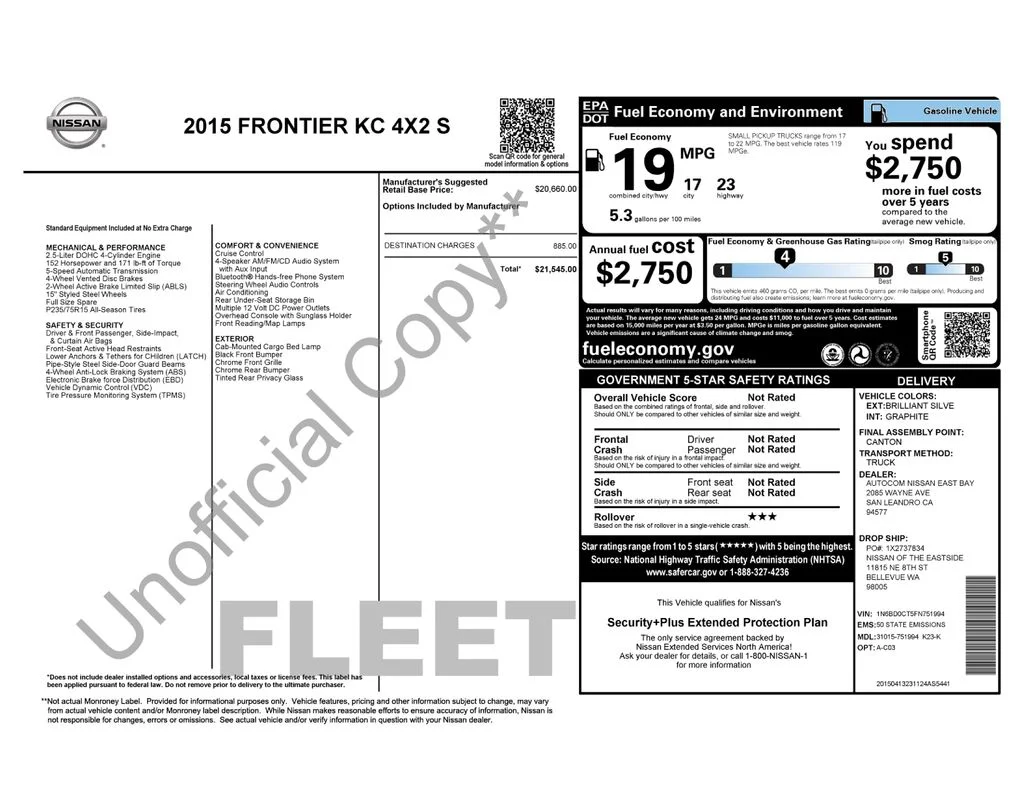 Used 2015 Nissan Frontier S with VIN 1N6BD0CT5FN751994 for sale in Port Orchard, WA