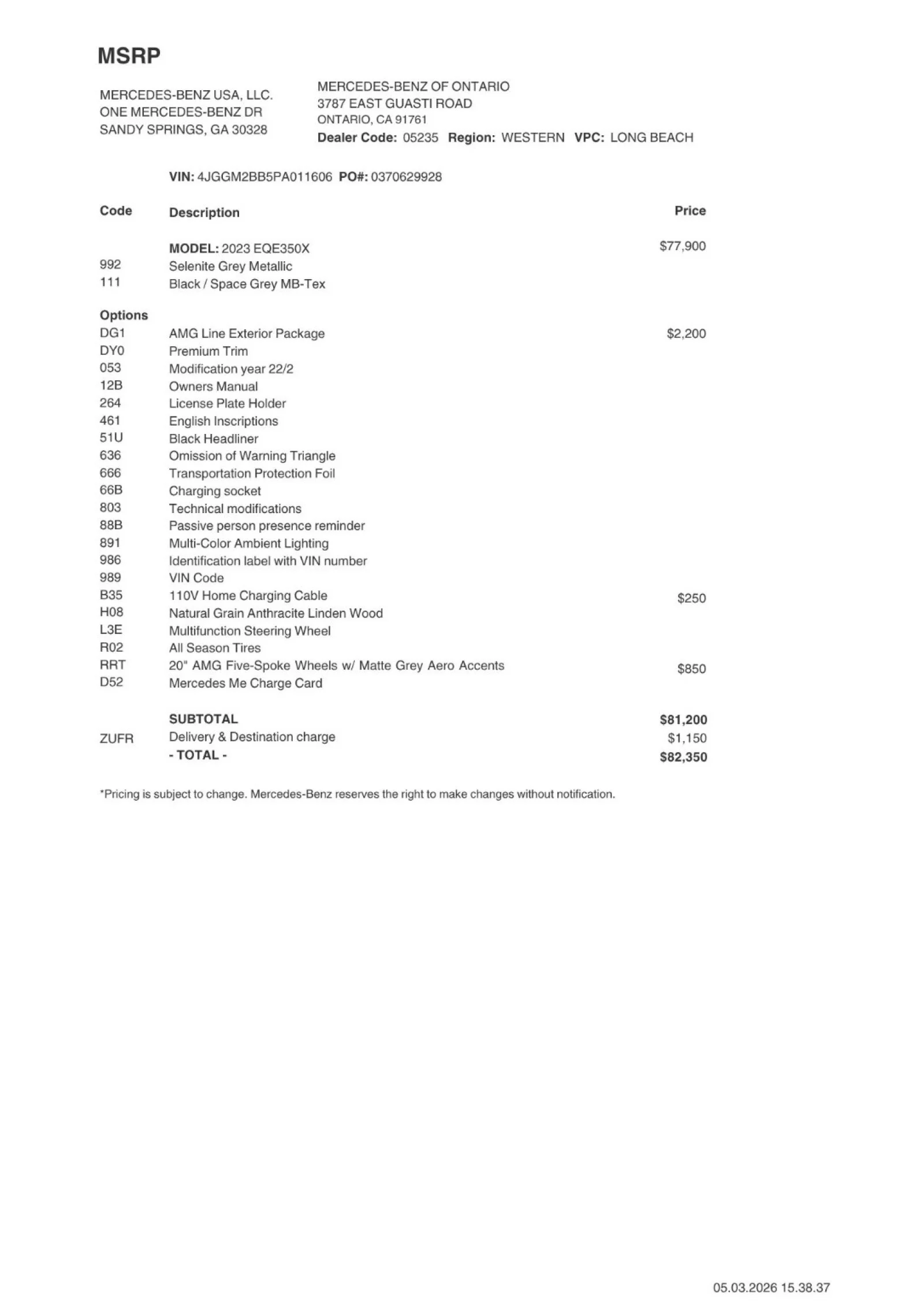 Certified 2023 Mercedes-Benz EQE SUV Base with VIN 4JGGM2BB5PA011606 for sale in Ontario, CA