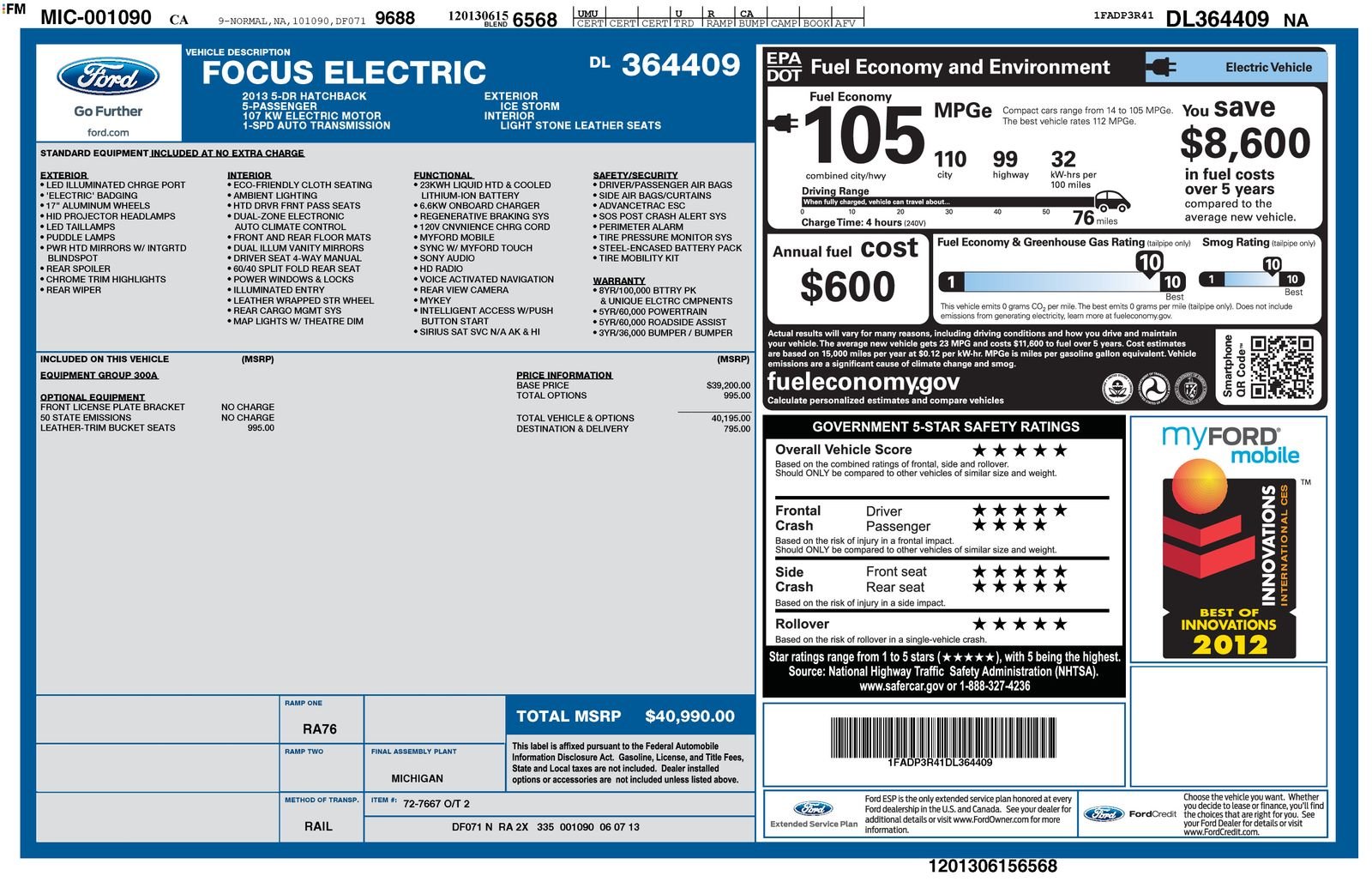 Used 2013 Ford Focus Electric with VIN 1FADP3R41DL364409 for sale in North Olmsted, OH