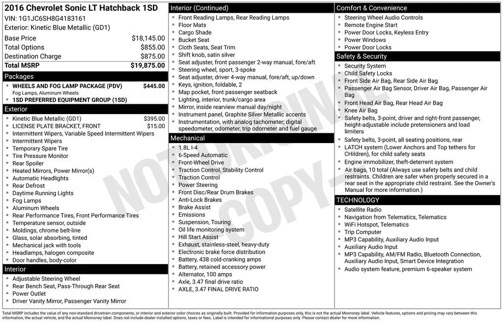 Certified 2016 Chevrolet Sonic LT with VIN 1G1JC6SH8G4183161 for sale in Orfordville, WI