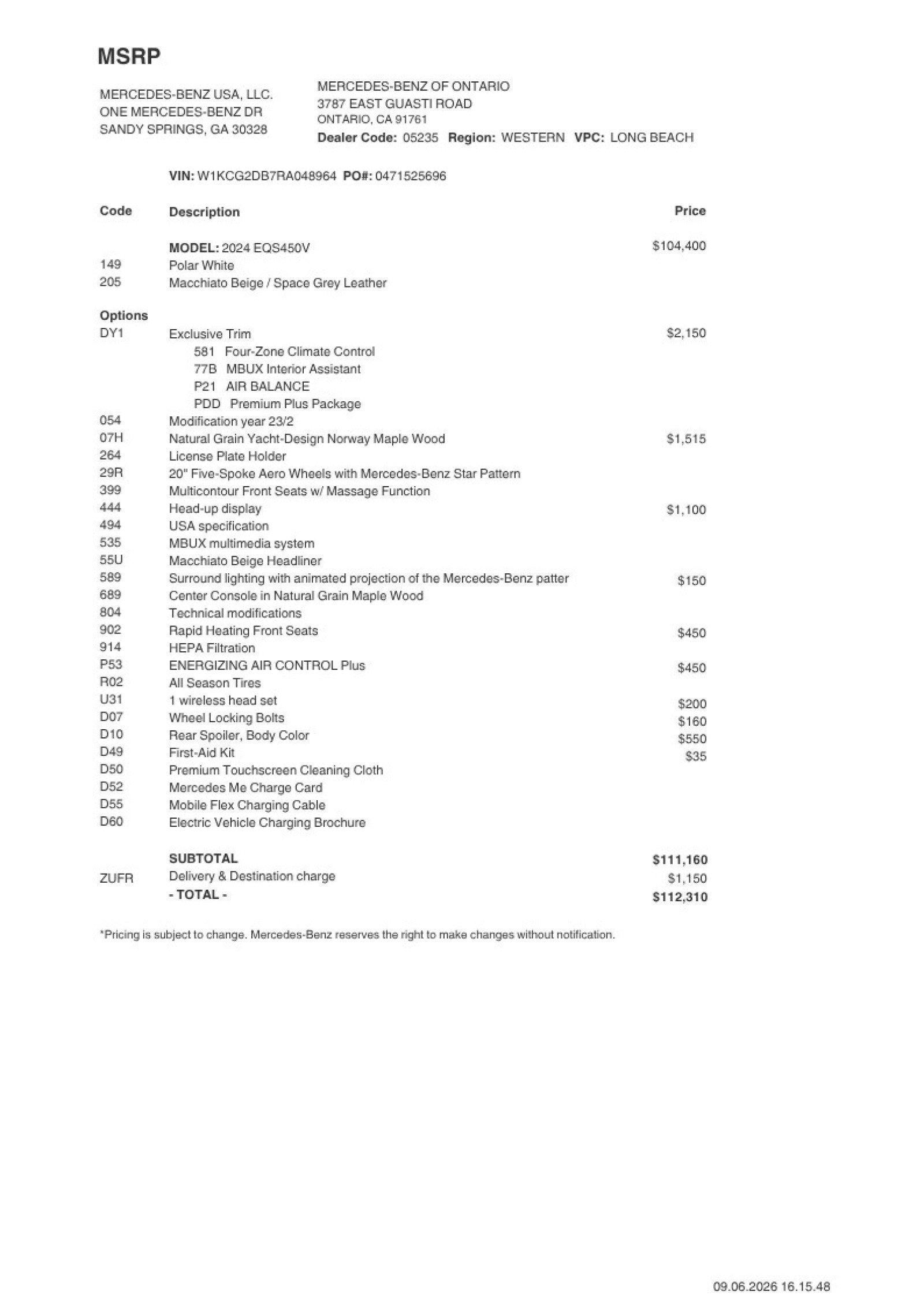 Certified 2024 Mercedes-Benz EQS Base with VIN W1KCG2DB7RA048964 for sale in Ontario, CA