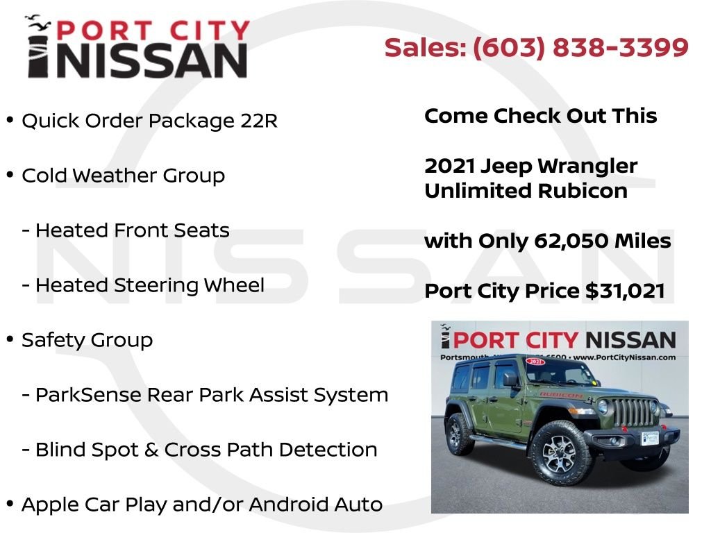 Used 2021 Sarge Green Clearcoat Jeep Unlimited Rubicon w/cold weather pkg, safety group & hard top image 8