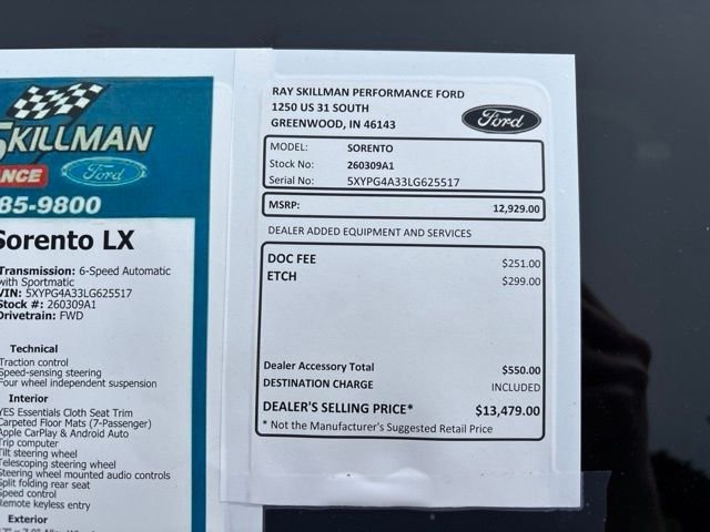 Used 2020 Kia Sorento LX with VIN 5XYPG4A33LG625517 for sale in Greenwood, IN