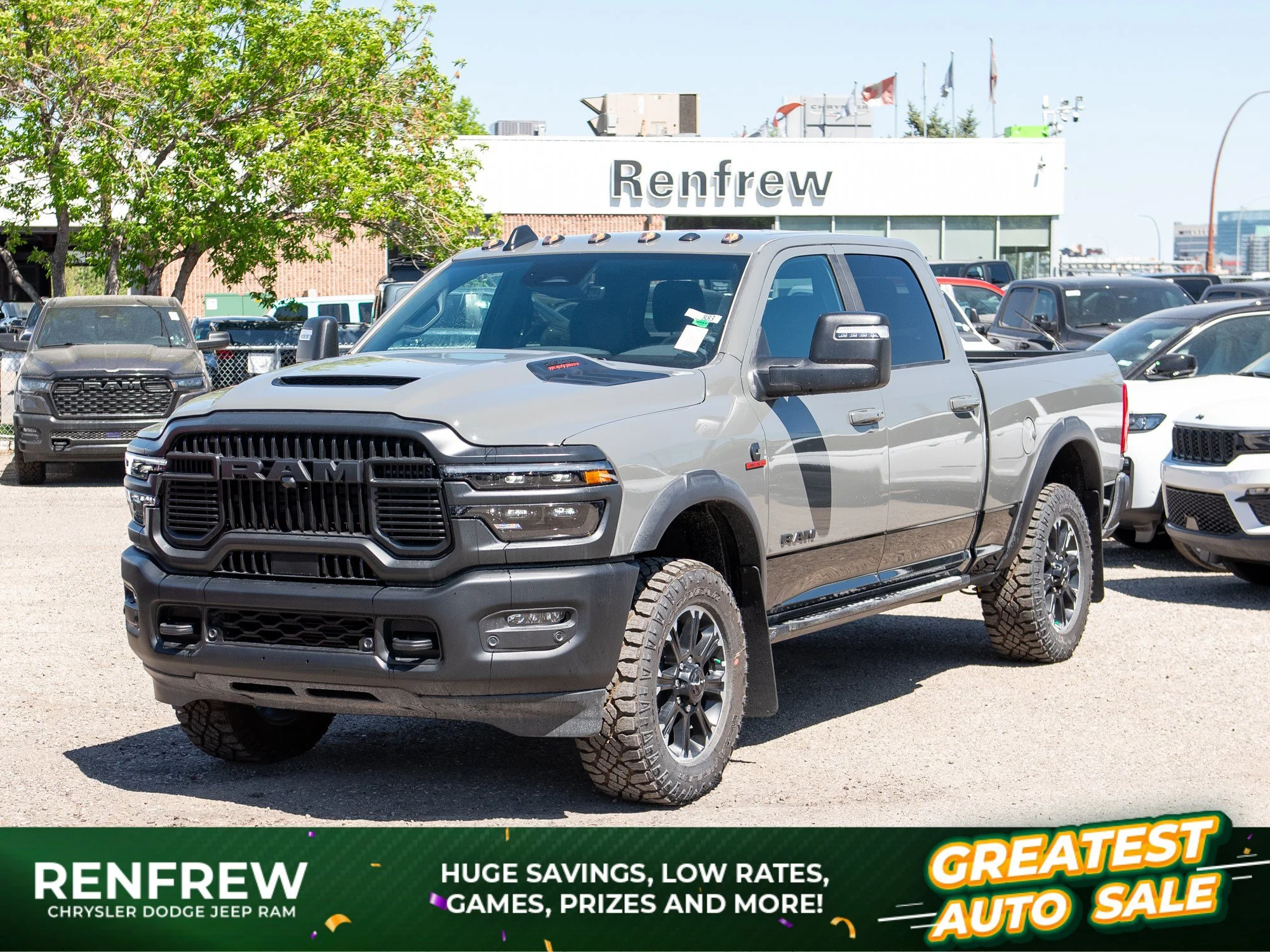 New 2026 Grey RAM Rebel* Crew Cab 4x4, 34 Inch A/T Tires, Factory Suspension Lift, Locking Rear Diff image 1