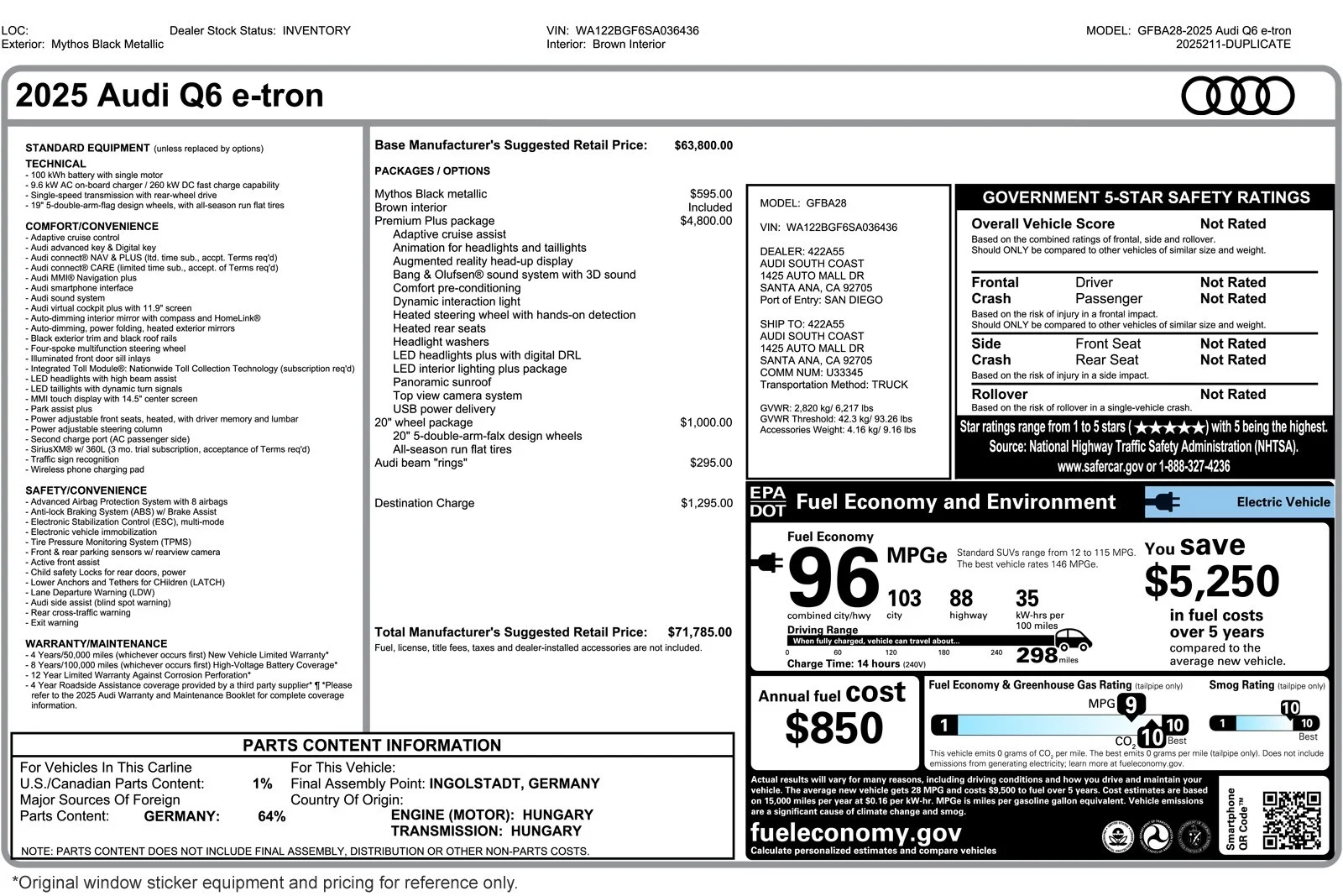 Used 2025 Audi Q6 e-tron Premium Plus with VIN WA122BGF6SA036436 for sale in Costa Mesa, CA
