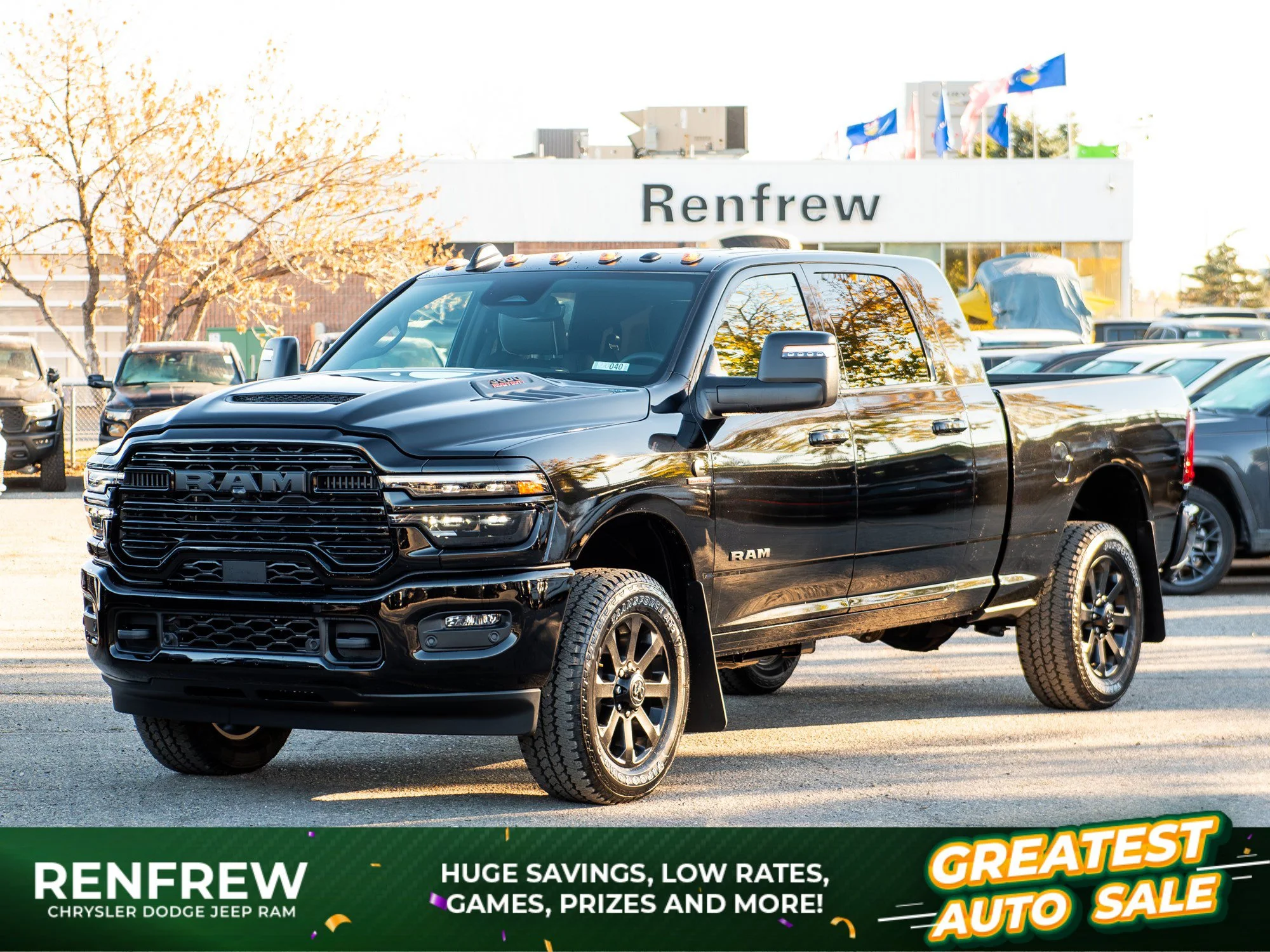 New 2027 Black RAM Laramie Night* Mega Cab 4x4, Sunroof, Heated Leather, 5th Wheel Prep image 1