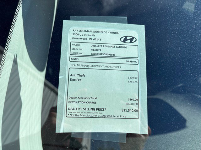 Used 2016 Jeep Renegade Latitude with VIN ZACCJBBT9GPC91938 for sale in Greenwood, IN