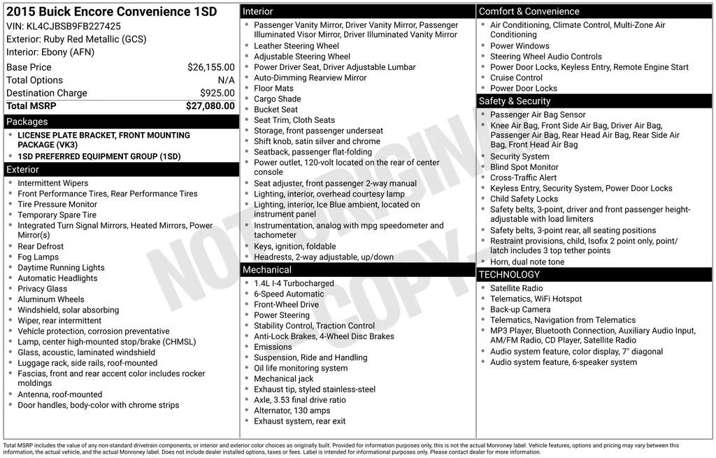 Certified 2015 Buick Encore Convenience with VIN KL4CJBSB9FB227425 for sale in Orfordville, WI