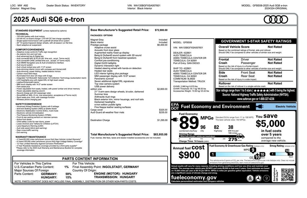 Used 2025 Audi SQ6 e-tron Prestige with VIN WA135BGFXSA007601 for sale in Tempe, AZ