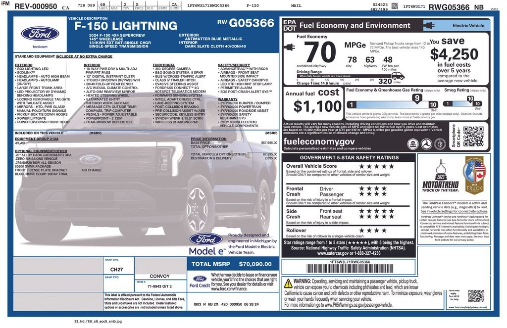 Used 2024 Ford F-150 Lightning Flash with VIN 1FT6W3L71RWG05366 for sale in Buena Park, CA
