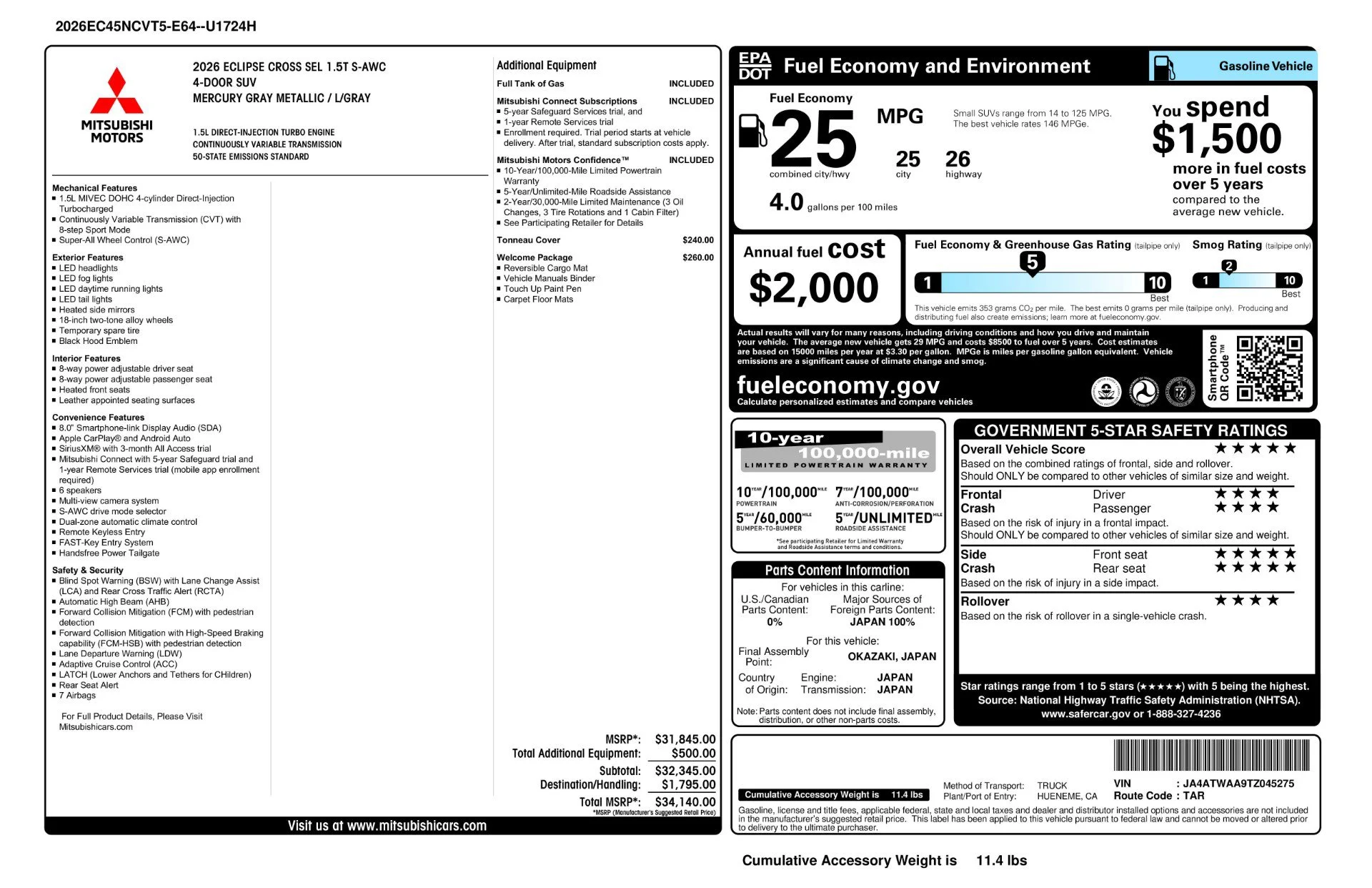 New 2026 Mercury Gray Metallic Mitsubishi SEL image 11