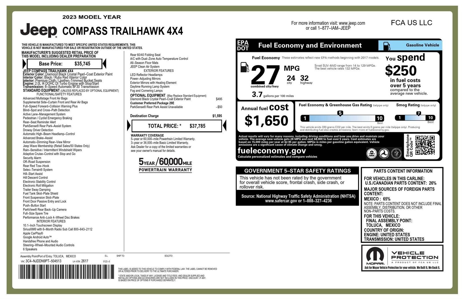 Used 2023 Diamond Black Crystal Pearlcoat Jeep Trailhawk image 26
