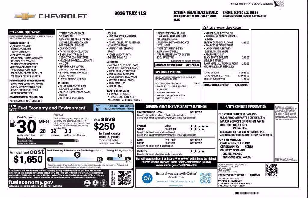 New 2026 Mosaic Black Metallic Chevrolet LS image 2
