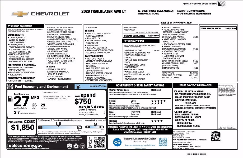New 2026 Mosaic Black Metallic Chevrolet LT image 2