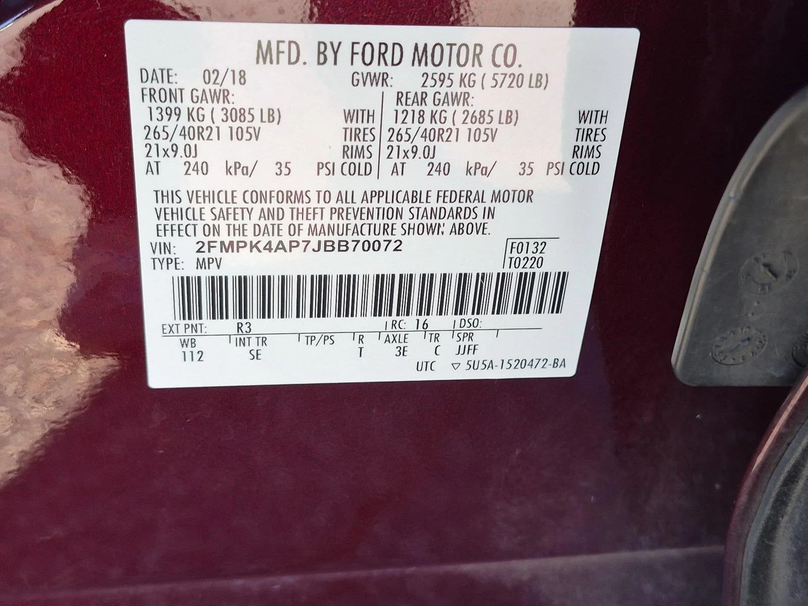 Used 2018 Burgundy Velvet Metallic Tinted Clearcoat Ford Sport image 38