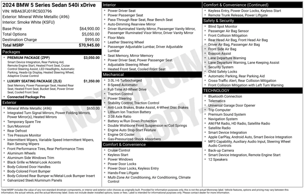 Certified Used 2024 White Metallic BMW 540i xDrive image 6