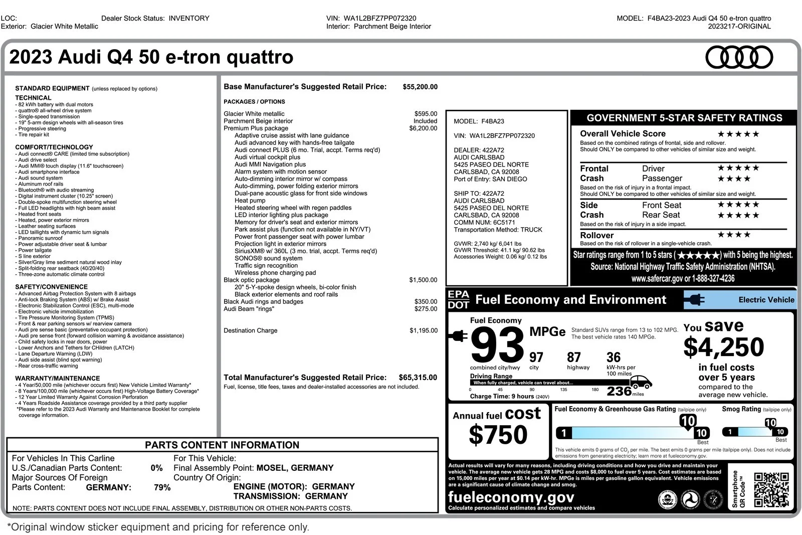 Used 2023 Audi Q4 e-tron Premium Plus with VIN WA1L2BFZ7PP072320 for sale in Costa Mesa, CA