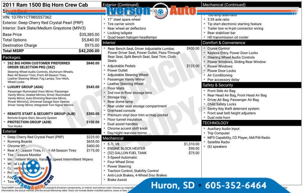 Used 2011 RAM Ram 1500 Pickup SLT with VIN 1D7RV1CT9BS557362 for sale in Huron, SD