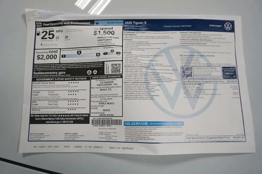 New 2026 Pure White Volkswagen 2.0T S image 32